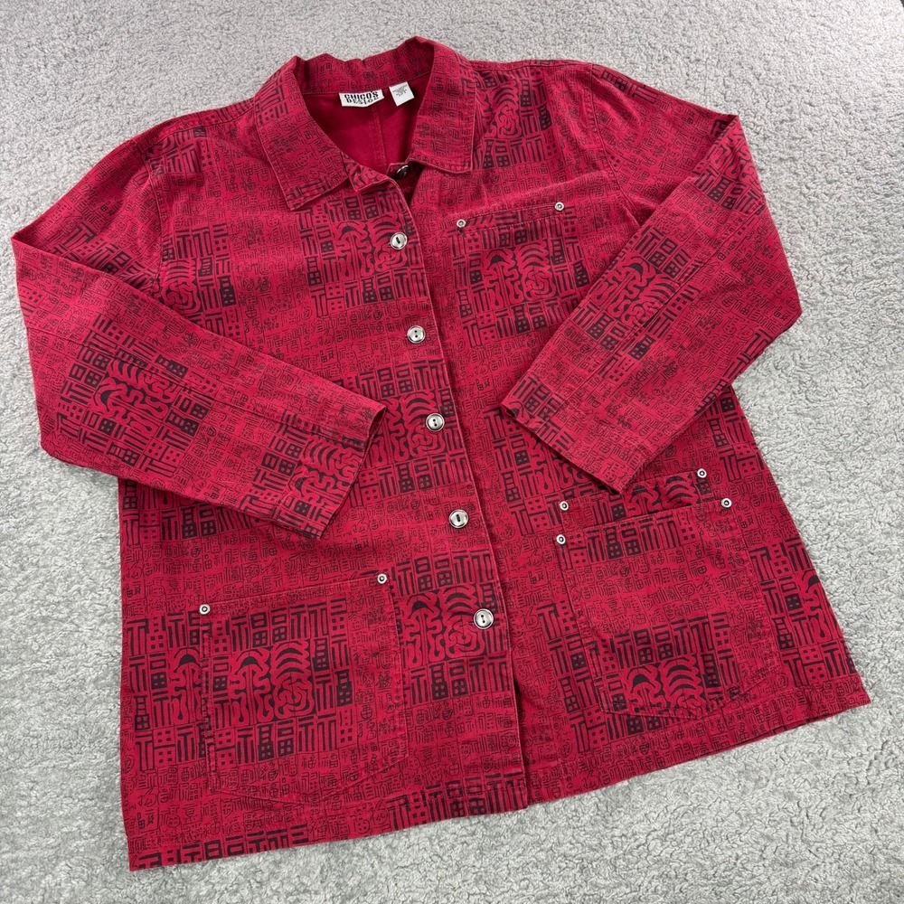 Chicos VTG Red Black Sketched Print Cotton Utility Shacket Womens‎ Size 3 XL